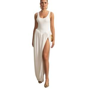 Sierra Darien NEW Draped Maxi Dress With Sculptural Skirt and Side Slit Size L